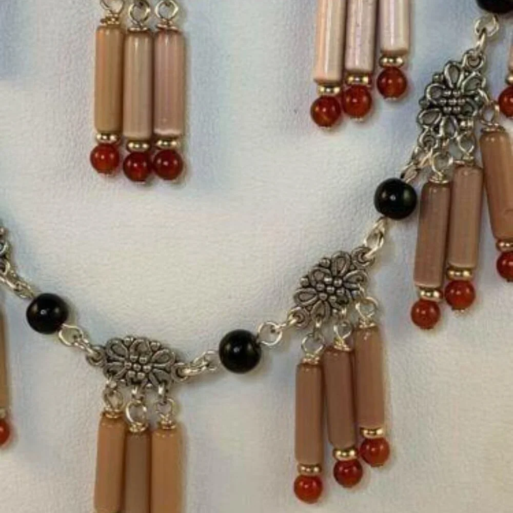 Double Strand Silver Tone Chandelier Beaded Bib Necklace (NA120) - Picture 2 of 5